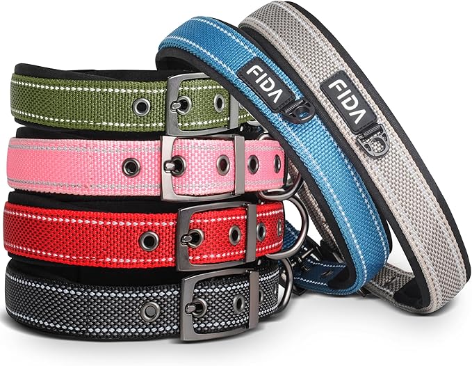 Fida Heavy DutyDog Collar for Large Dogs, Ultra Comfortable Soft Neoprene Padded, Adjustable Reflective Nylon Pet Collar with Durable Metal Belt Buckle for Extra Large Breeds(XL, Green)