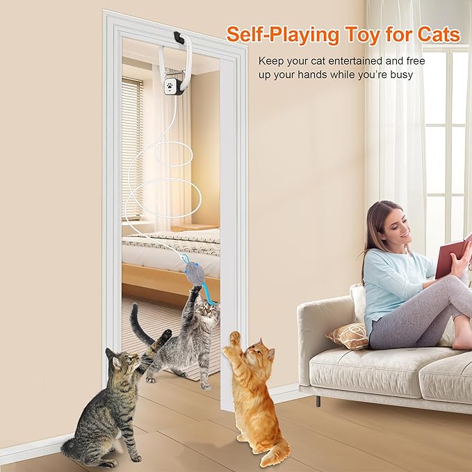 Cat Toy, Upgraded Smart Interactive Cat Toys with Remote Control, USB Rechargeable Door Hanging Retractable Kitten Toy for Self Play, Teaser Electronic Feather Cat String with 3 Plush Mice