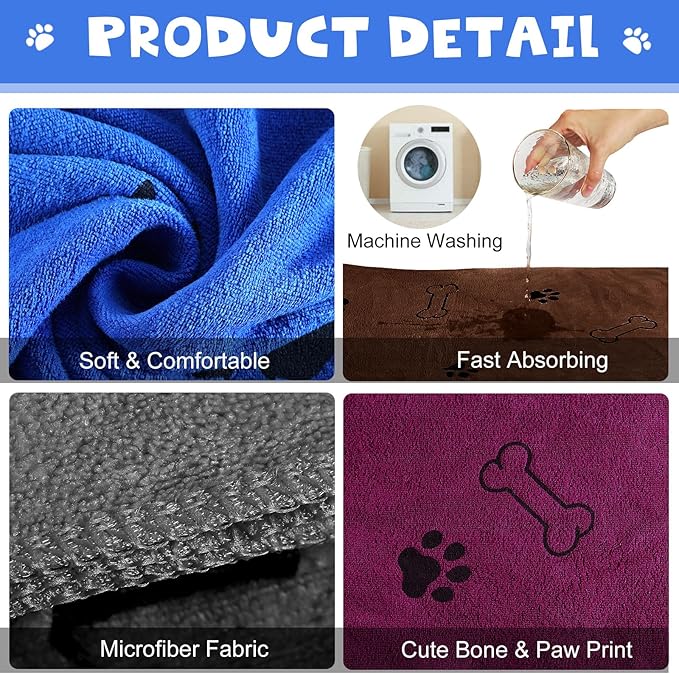 Chumia 4 Pcs Dog Towels for Drying Dog Puppy Bulk Microfiber Absorbent Paw Towel Pet Bathing Supplies Quick Drying for Medium Cats Pets Shower(24 x 40 Inch,Grey,Blue,Coffee,red)