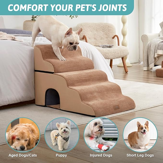 Extra Wide Dog Stairs with Tunnel, Detachable Large Pet Step for Small Medium Dog, Puppy or Cat, Ramp for High Bed, Couch, Sofa or Car, Stable, 19.7x33x22.4 inch, 5 Step, Light Brown