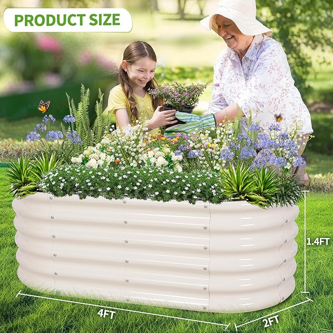 Galvanized Raised Garden Bed - 4x2x1.4FT Metal Planter Boxes Outdoor | Oval Steel Raised Bed Kit for Gardening with Protective Tape, Gloves for Vegetables, Flower, Herb (White)