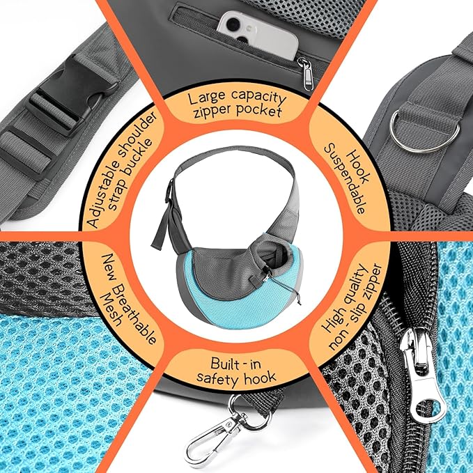 YUDODO Pet Sling Carrier for Small Dogs & Cats – Hands-Free Puppy Carrier with Safety Hook, Large Zipper Pocket, Soft Breathable Mesh, Adjustable Strap & Reflective Strip (Cyan 1.0 L)