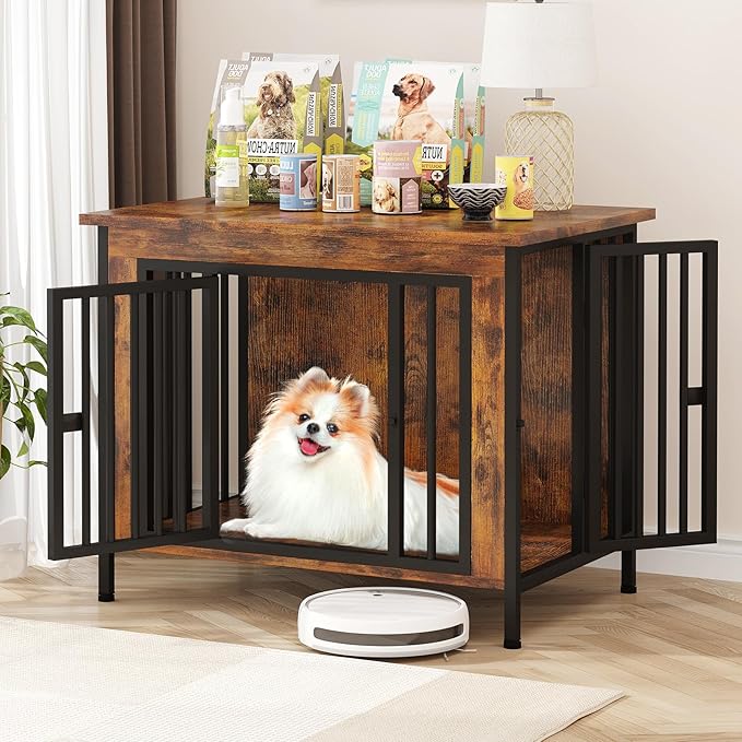 EasyCom 31.5" Small Dog Crate Furniture, Chew-Resistant Dog Crates for Small and Medium Dogs, Dog Kennel Furniture Indoor with 2 Doors and 3.94" Raised Feet, as TV Stand, End Table, Crate Table
