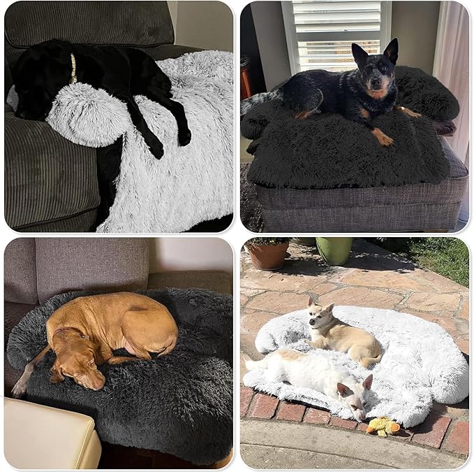 Calming Dog Bed Fluffy Plush Dog Mat for Furniture Protector with Removable Washable Cover for Large Medium Small Dogs and Cats (Small(35x31x5), Dark Grey)