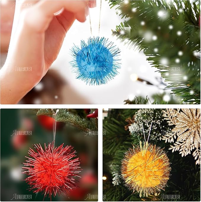 AUEAR, 12 Pack 2 Inch Sparkle Ball Shiny Glitter Tinsel Pom Poms Interactive Cat Balls for Kittens (6 Colors)