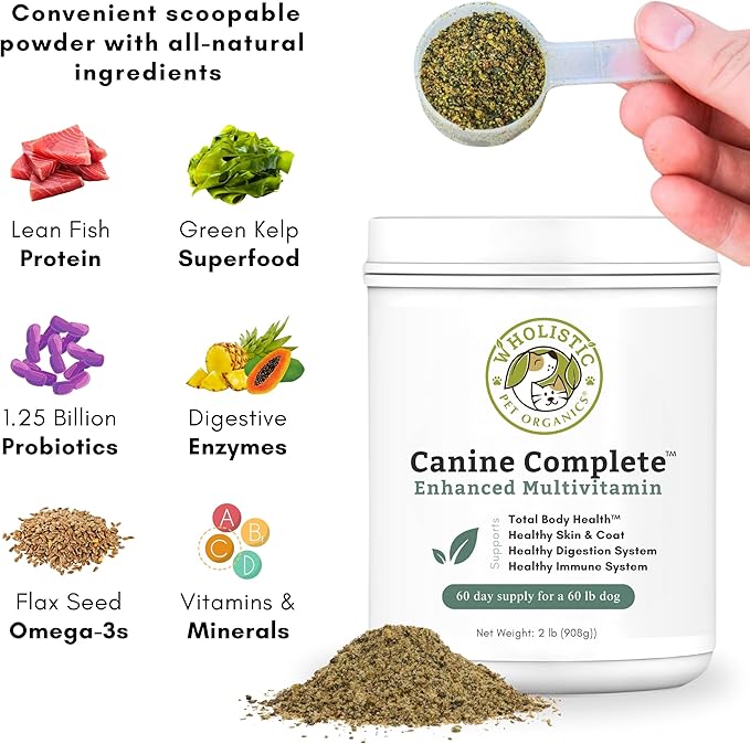 Wholistic Pet Organics Canine Complete - Dog Multivitamin Powder - 2 Lb - Daily Dog Vitamins and Supplements for Homemade Food - Immune System, Skin, Coat & Overall Health - Small and Large Breed