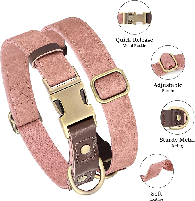 Didog Soft PU Leather Dog Collars for Small Dogs,Classic Adjustable Dog Collars with Quick Release Metal Buckle,Easy Clean and Comfortable with Nylon Lining,Pink,S Neck 10-15"