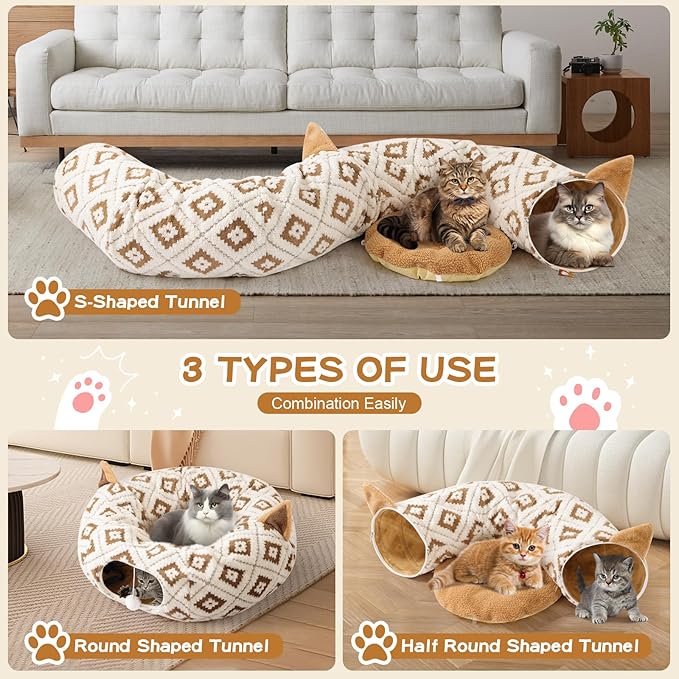 Cat Tunnel Bed for Indoor Cats, Cat Donut Tunnel with Washable Cushion, Peekaboo Cat Cave Toy, Multifunctional Playground Toys for Kittens, Rabbit, Brown Jacquard Pattern