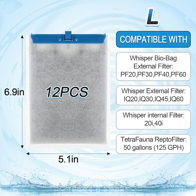 MEWTOGO 12Pcs Large Filter Cartridges for Tetra Whisper Bio-Bag L, Aquarium Replacement Filter with Ultra-Activated Carbon for Tetra Whisper IQ20,30,45,60, PF20,30,40,60, 20i,40i ReptoFilter