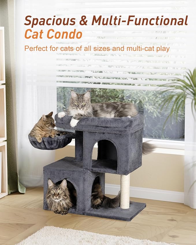 Cat Tree with Large Top Perch, 21.6in Cat Tower with Big Hammock and Dual Condos, All-in-one Cat Activity Center