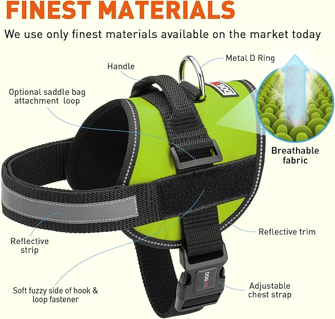 Dogline Dog Harness, Reflective No-Pull Adjustable Vest with Handle for Walking, Training, Breathable, No - Choke Harness for Small, Medium or Large Dogs Room for Patches Girth 33"-46" in Lime Green