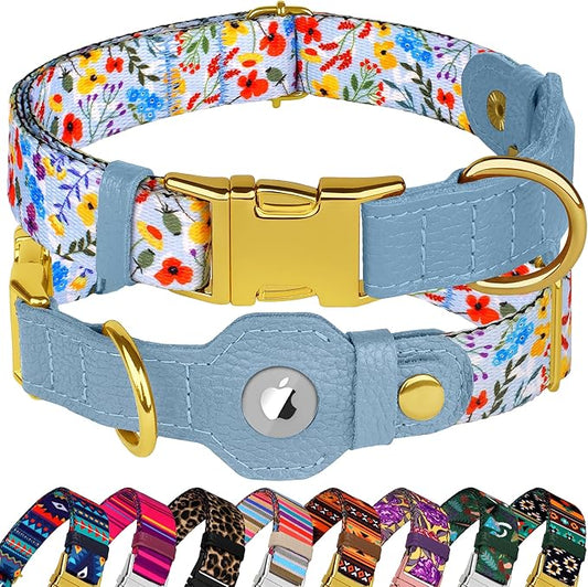 AirTag Dog Collar for Small Medium Large Breed - Adjustable Cute Pattern Dog Collar with Airtag Holder and Metal Buckle - Soft Leather Tracker GPS Apple Air Tag Pet Collars for Puppy Girl Boy Female