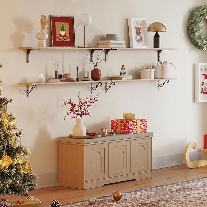 DINZI LVJ Shoe Bench, Entryway Storage Bench with Doors, Cushion, 2-Tier Shoe Rack with 6-Cubby, 39.4”L x 13.8”W Shoe Organizer Cabinet, Adjustable Shelf, Living Room, Bedroom, Natural