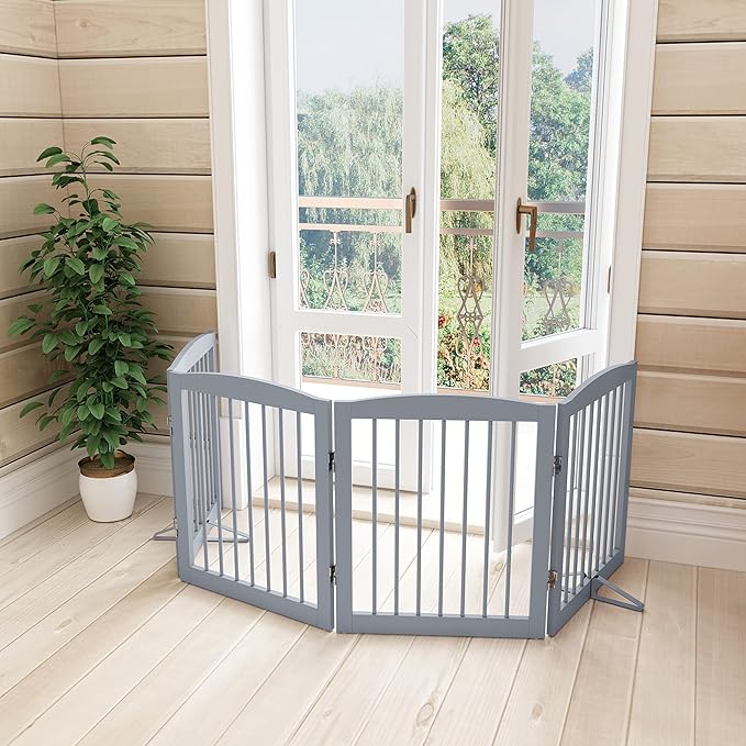 Freestanding Pet Gate - Foldable Wooden Dog Gate for House, Indoor, 80 Inch Wide, 4 Panels 24", Grey