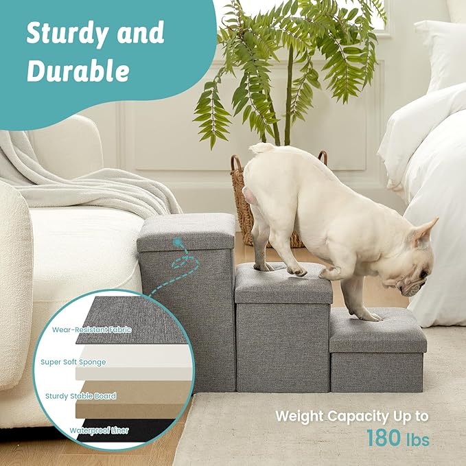 Dog Stairs with Storage, 4-Step Wider Sturdy Dog Steps for Small/Medium/Large Dogs and Older Cats, Folding Doggie Ramp for Bed/Couch/Car Hold Up to 180 lbs (22" H, Grey)