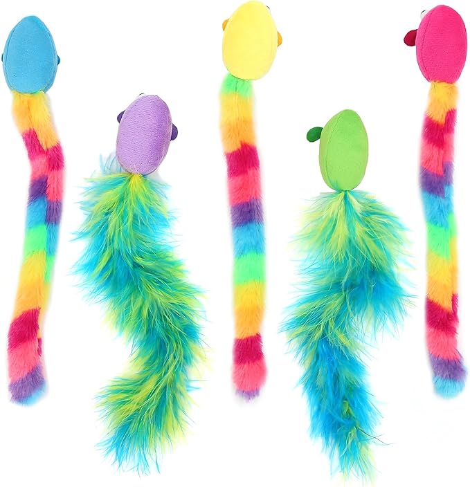 5 Pack Interactive Catnip and Feather Cat Toys, Multi-Colored Mice with Long Feather Tail, Accessories for Indoor Cat, Catnip Plush Toys with Natural Feathers and Rattles