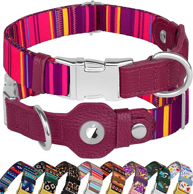 AirTag Dog Collar for Small Medium Large Breed - Adjustable Cute Pattern Dog Collar with Airtag Holder - Soft Leather Tracker GPS Apple Air Tag Pet Collars (Large, 17"-21" Neck Fit, Striped)