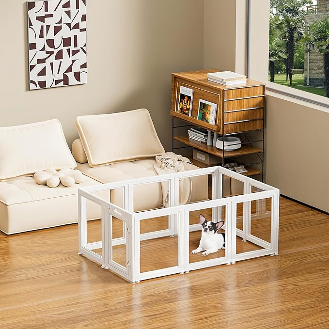 Dog Playpen Transparent Puppy Playpen Indoor, Easy Assemble & Disassemble Clear Pet Playpen, Sturdy & Easy Cleaning Plastic Dog Fence with Suction Cup (23.6"" H, 10PCS), White