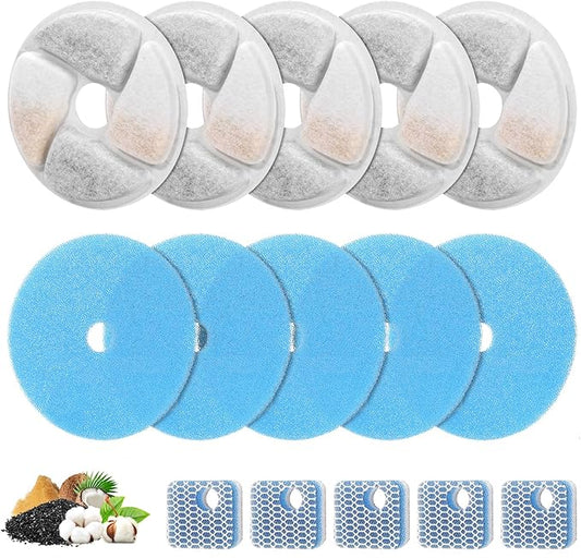 5 Set Cat Water Fountain Filter Replacement for Square 2.2L/73oz Stainless Steel Cat Fountain, ZEKIRY Pet Fountain Filter, Triple Filtration Replacement Filters(5 Filter, 5 Sponge, 5 8D Sponge)