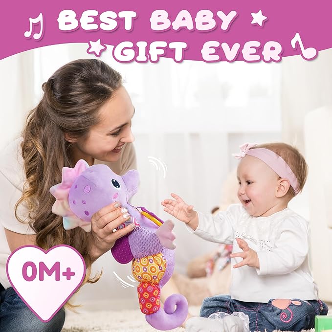Baby Toys 0-6-12 Months,Musical Stuffed Animals Activity Soft Infant Toys with Multi-Sensory Crinkle, Rattle and Textures,Boys Newborn Baby Girl Toys, Seahorse, Purple