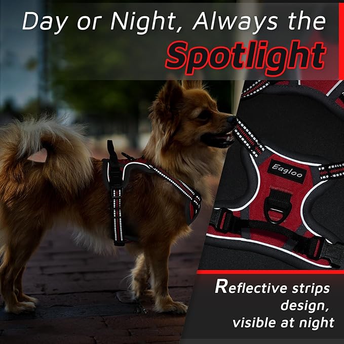 Eagloo Small Dog Harness No Pull, Service Vest with Reflective Strips and Control Handle, Adjustable and Comfortable for Easy Walking, No Choke Pet Harness with 2 Metal Rings, Red, XS