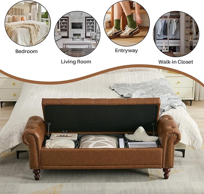 58.1'' Storage Bench Upholstered PU Leather End of Bedroom Bed Bench Ottoman with Tufted Cushioned Rolled Arm Large Storage Space for Reading Living Room Entryway, Brown