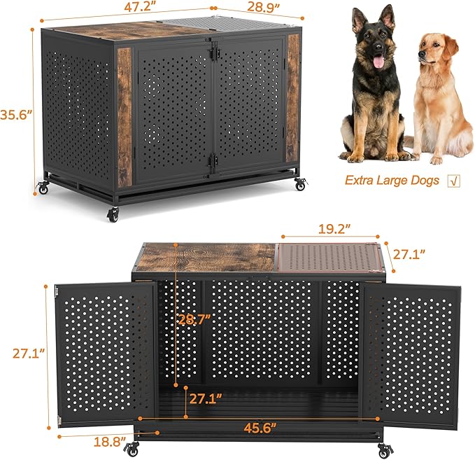 48" Heavy Duty Dog Crate Furniture for Extra Large Dogs, Enclosed Design with 0.5 inch Holes, Indestructible Metal Kennel for High Anxiety Dogs, Chew Proof Pet Cage House Indoor, Brown