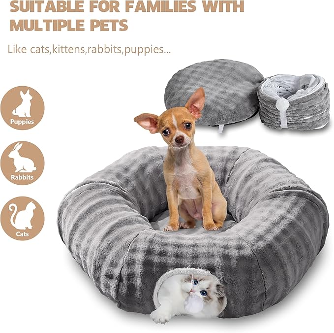 Bubble Cat Tunnel for Indoor Cats, Round Peekaboo Cave Toy with Dangling Balls, Donut Tunnel Bed with Circle Mat for Puppy Kitten Rabbit, Grey