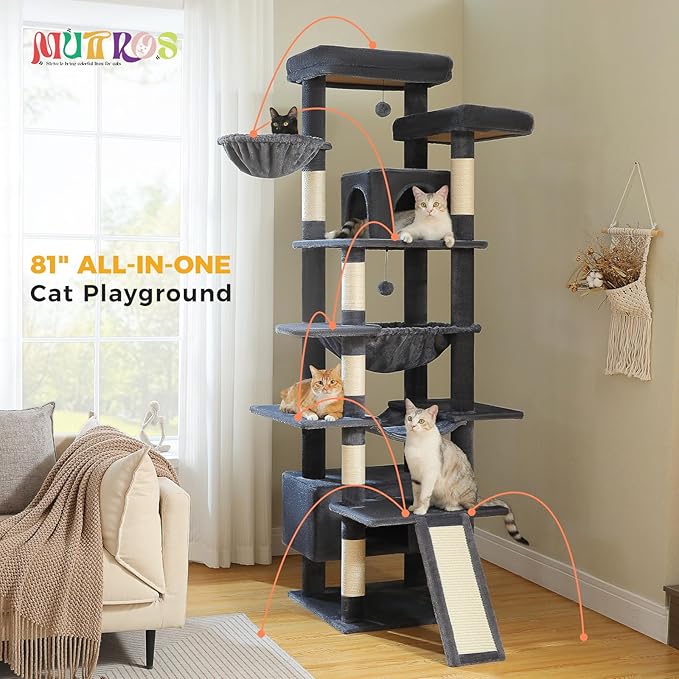 81" Heavy Duty Cat Tree for Large Cats up to 20lbs - Extra Tall Cat Tower with Metal Frame Hammock, 6 Sisal Scratching Posts, 2 Perches - Indoor Cat Furniture for Maine Coon, Dark Gray