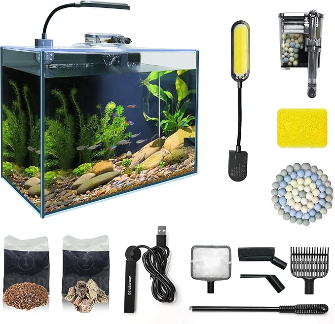 Small Aquarium Starter Kit, 2.6 Gallon Glass Betta Fish Tank with Heater Self Cleaning System Efficiency Filter Bright Light Rocks Gravel Cleaning Tool Set, Leak-Proof Ultra-Clear Rimless Desktop Tank