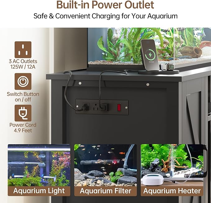 55-75 Gallon Aquarium Stand with Power Outlet, Heavy Duty Fish Tank Stand with Cabinet Storage & Adjustable Shelf, for Fish Tank, Turtle Tank, Reptile Terrarium, 1000LBS Capacity, Black