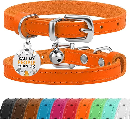 BRONZEDOG Leather Cat Collar with Removable Bells Non Breakaway Kitten QR Tag for Girl Boy (7" - 9" for Cats, Orange & Silver)
