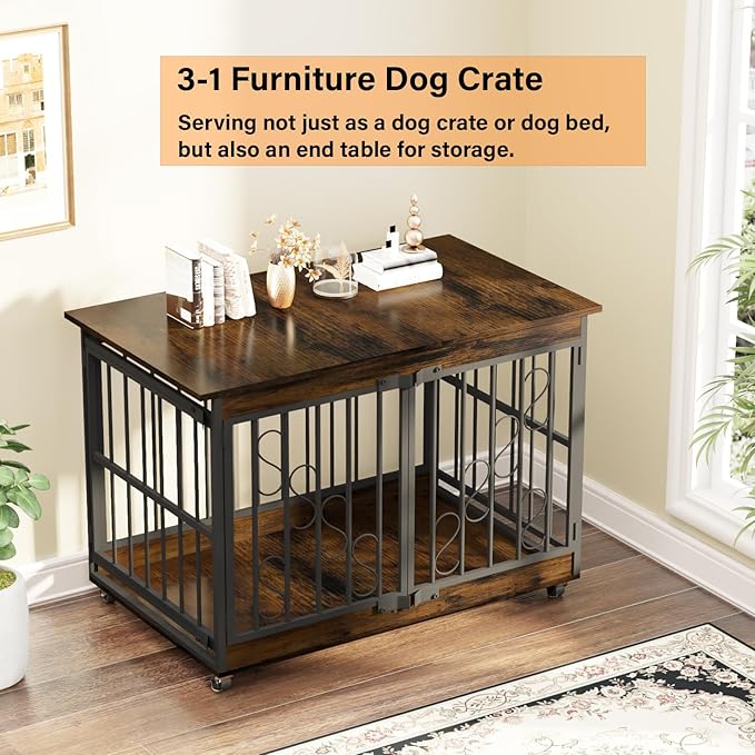 COZPAW Dog Crate Furniture, 48 Inch Dog Crates for Medium/Large Breed, Farmhouse Wood Metal Kennel Indoor Heavy Duty Pet Cage with Caster Wheels (Brown)