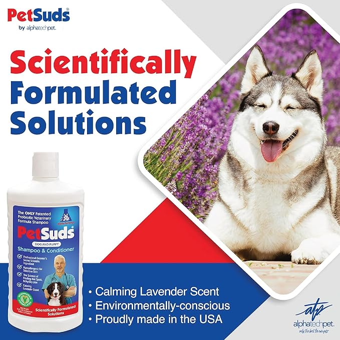 PetSuds Probiotic Dog Shampoo and Conditioner - Helps with Hotspots, and Dry, Oily Skin - Hypoallergenic and Sulfate Free Pet Shampoo - Lavender, 16 Oz. by Alpha Tech Pet