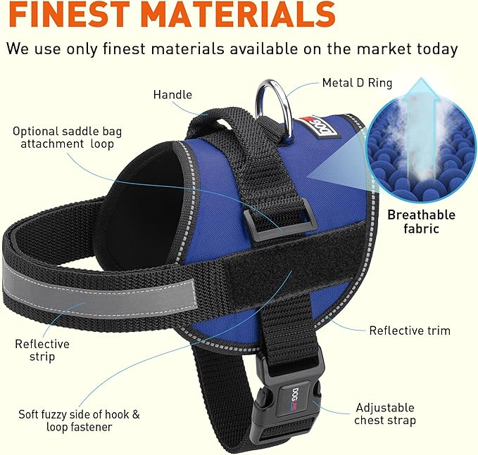 Dogline Dog Harness, Reflective No-Pull Adjustable Vest with Handle for Walking, Training, Breathable, No - Choke Harness for Small, Medium or Large Dogs Room for Patches Girth 15 to 18 in Cyan Blue