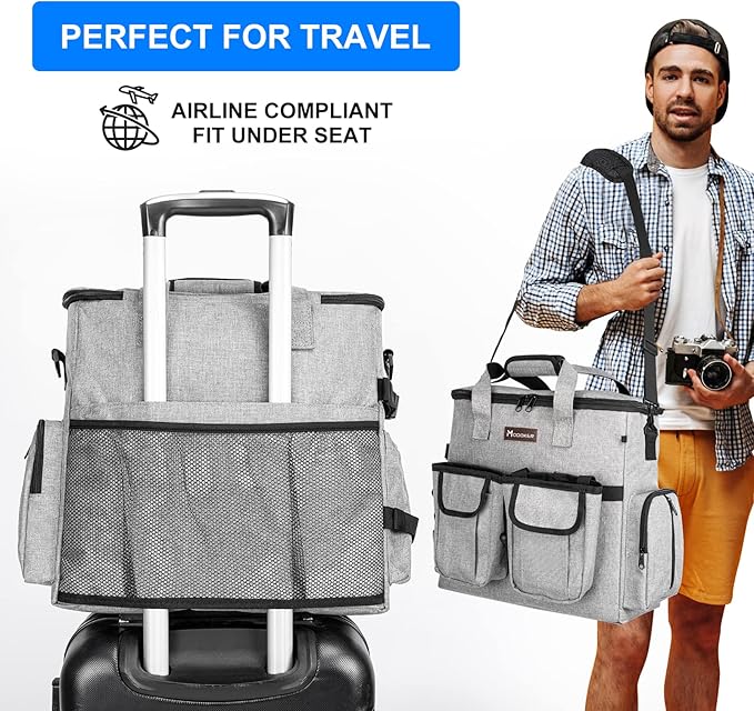 Airline Approved Dog Travel Bag with 2 Dog Treat Training Pouches, Tote Organizer for Weekend Pet Travel Supplies & Accessories, 2 Collapsible Bowls, 2 Food Container (Grey)