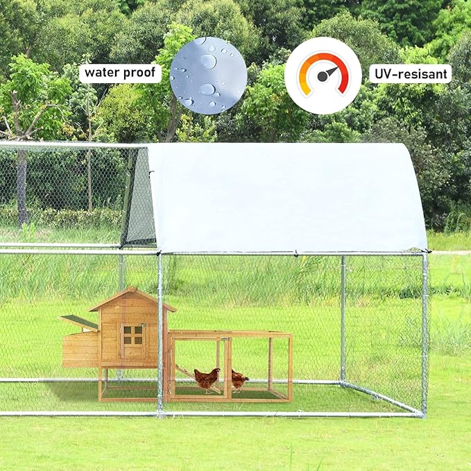 4ever2buy 1.26’’ Large Metal Chicken Coop Run Walk in, Chicken Pen for Chickens, Outdoor Chicken Runs Coops, Flat Roofed Chicken Runs for Yard with Anti-Ultraviolet Cover (9.2’L x18.7’Wx 6.4’H)