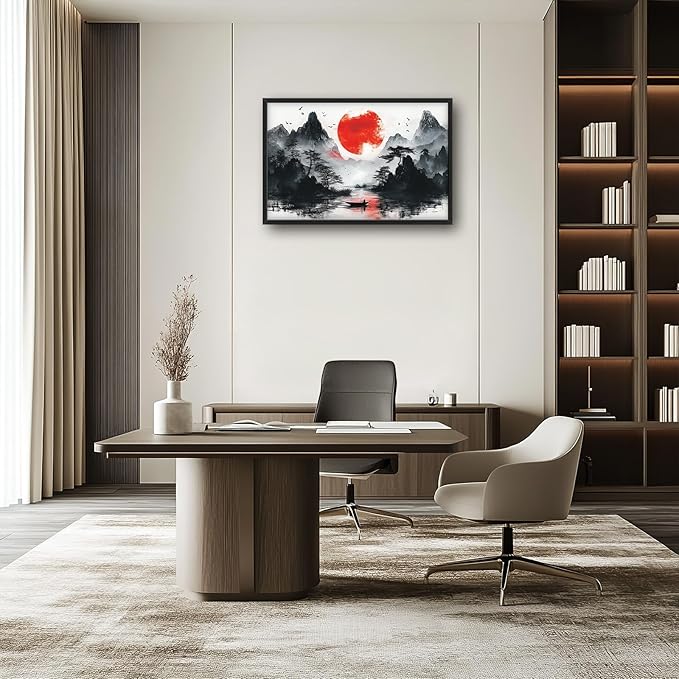 Framed Large Japanese Mountain Wall Art for Living Room, Oversized Asian Red Sun Lake Landscape Wall Decor Nature Canvas Painting Home Decoration for Living Room Bedroom Office 36"x24"