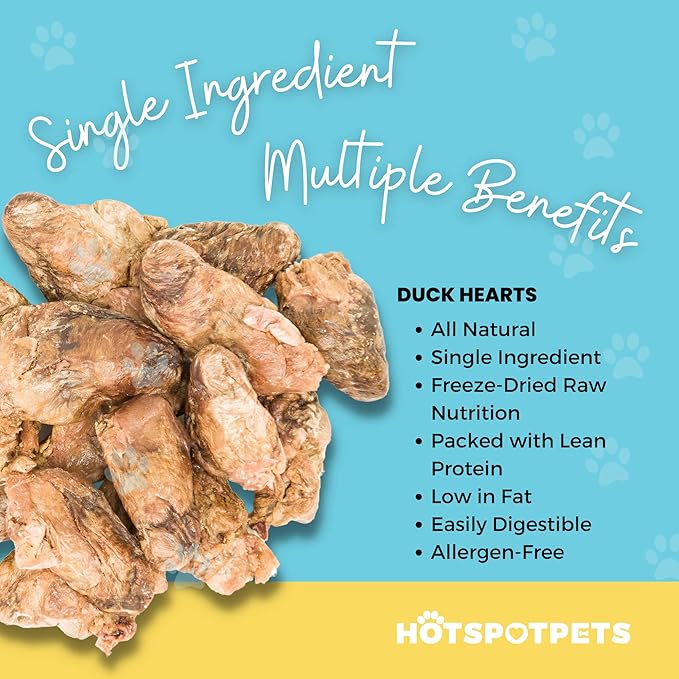 hotspot pets Freeze Dried Duck Heart Treats for Cats & Dogs - Made in USA, 1LB Big Bag - Single Ingredient All Natural Grain-Free Duck Hearts - Perfect for Training, Topper or Snack