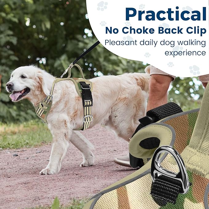 Funfox Dog Harness No Pull, Adjustable Pet Vest Harness, Super Soft Material with Vertical Handle Easy Control, Reflective Night Walking, 2 Leash Clips for XLarge Dogs, Camo Green, XL