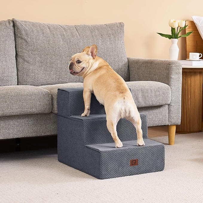 EHEYCIGA Dog Stairs for Small Dogs 16.5" H, 3-Step Extra Wide Dog Steps for Couch Sofa and Chair, Pet Steps for Medium Cats, Non-Slip Balanced Pet Ramp Indoor, Grey