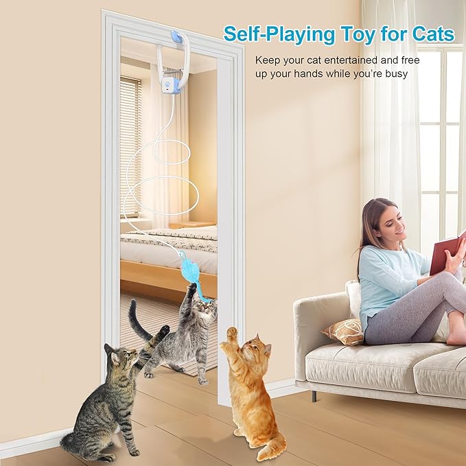 Cat Toy, Upgraded Smart Interactive Cat Toys with Remote Control, USB Rechargeable Door Hanging Retractable Kitten Toy for Self Play, Teaser Electronic Feather Cat String with 3 Plush Mice