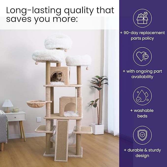 Catry 74.5" High 7-Level Extra Large Cat Tree with 2 Condos,2 Hammock,3 Washable Top Beds, Scratching Ramp Pad, Replaceable Scratching Posts, for Multi-Cat Homes (Light Brown &White)