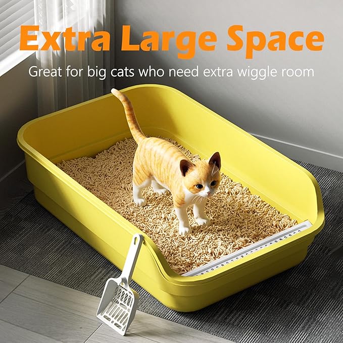 Extea Large Cat Litter Box with High Sides,Cat Boxes for Indoor Cats,Cat Litter Pan for Kitty,Litter Box with Low Entry,Easy to Clean,Anti-Splashing,23.6" x15.7" x6.2" (Grey)