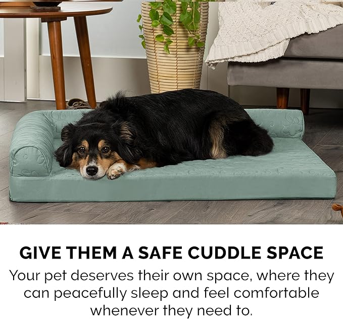 Furhaven Cooling Gel Dog Bed for Medium/Small Dogs w/ Removable Bolsters & Washable Cover, For Dogs Up to 35 lbs - Pinsonic Quilted Paw L Shaped Chaise - Iceberg Green, Medium