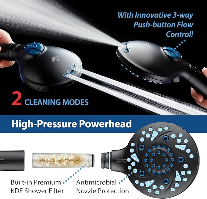 AquaCare High Pressure 10 Spray Mode Filtered Showerhead - Handheld Shower Head Filters Chlorine to Heal Dry Skin, Revive Hair - Dual Power Wash Cleans Tub, Tile, Pets - Hard Water Softener, Black