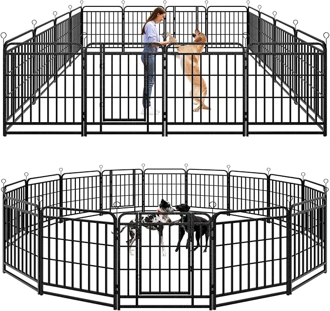 Dog Playpen Outdoor 16 Panels Heavy Duty Dog Fence 32" Height with Thick Pipe Anti-Rust with Doors Portable for RV Camping Yard, Total 36FT, 103 Sq.ft, Snowy Black