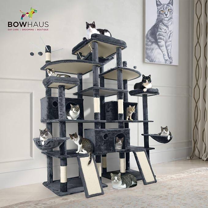 Extra Large 80-Inch Tall Cat Tree w/Widened Perch for Large Cats, Big Cat Tower Indoor, Modern Multi-Level Activity Tower with Scratching Posts, Condos, Baskets, Hammock, Scratching Ramps