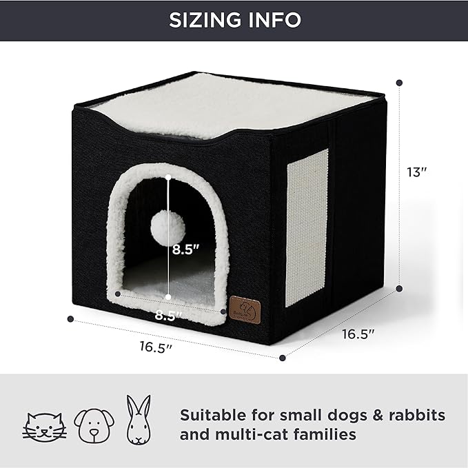 Bedsure Cat Beds for Indoor Cats - Large Cat Cave for Pet Cat House with Fluffy Ball Hanging and Scratch Pad, Foldable Cat Hideaway, 16.5x16.5x13 inches, Black