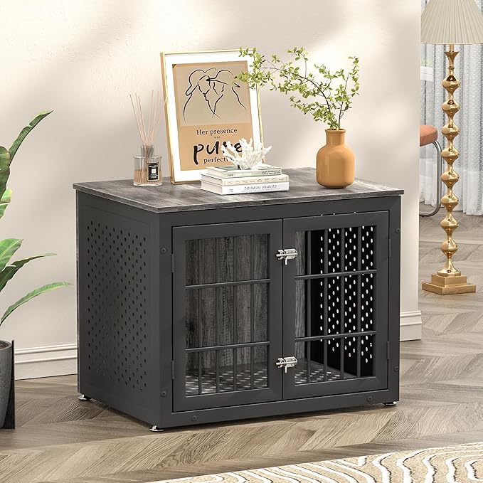 32" Heavy Duty Dog Crate Furniture for Small and Medium Dogs, Metal Kennel for High Anxiety Dogs, Chew Proof Pet Cage Indoor, Decorative Dog Kennel End Table